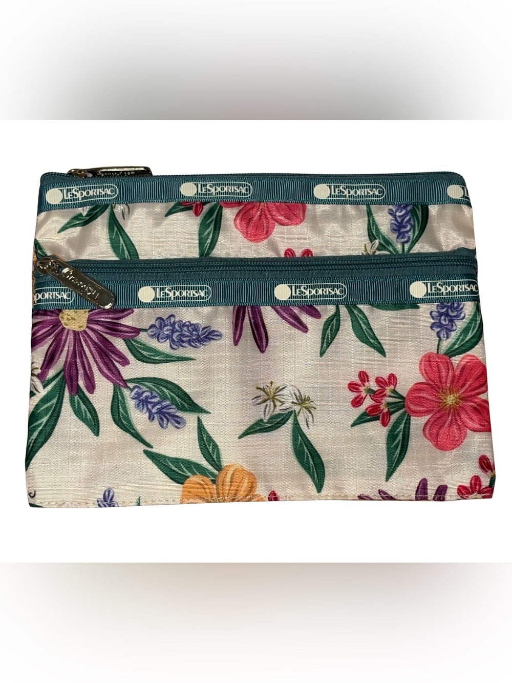 LeSportsac Cream Floral Double-Zip Cosmetic Pouch with Teal Trim